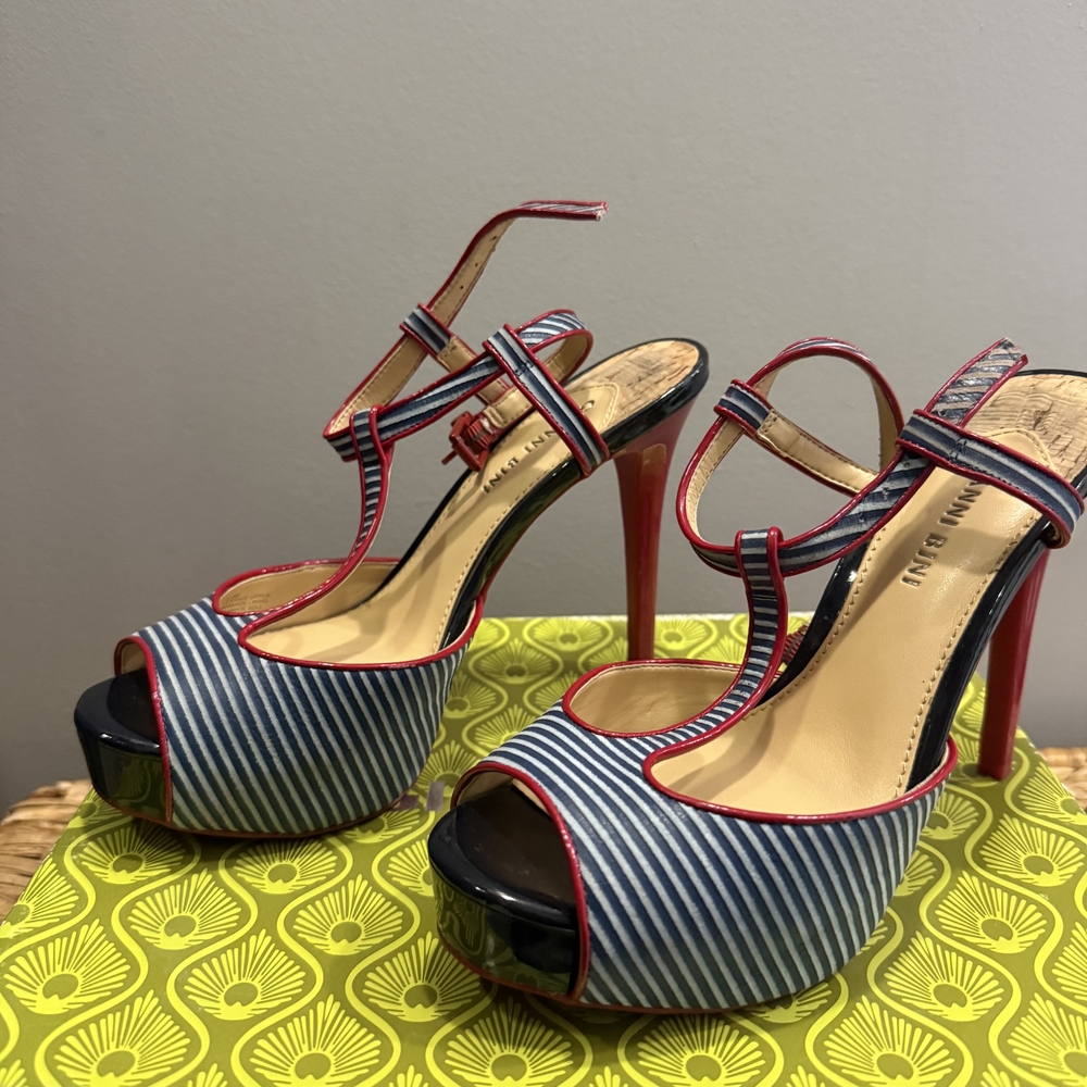 Gianni Bini Blue and Red Striped Heels/Red Bottoms